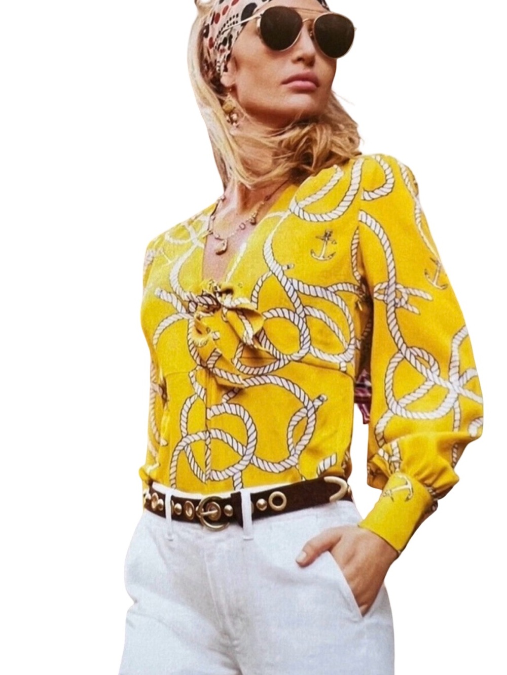 Cabi "Reef Knot" Blouse Yellow Nautical Anchor Rope Front Tie Top 5707 S EUC